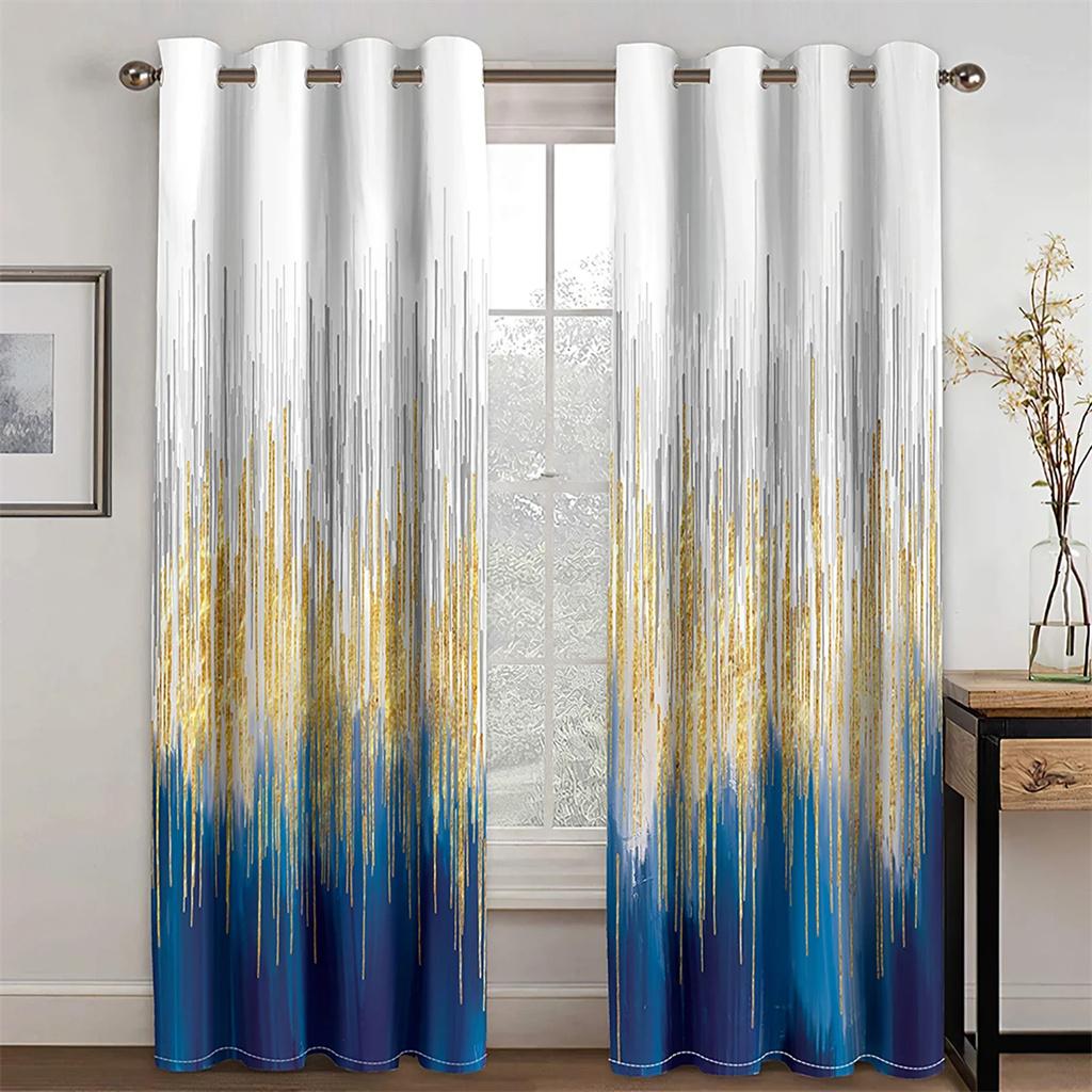

3D Modern Progressive Blue Gold Gray Abstract Art Line 2 Pieces Living Room Bedroom Window Decor Thin Curtains 50W130H(CM)X2PCS&HooK
