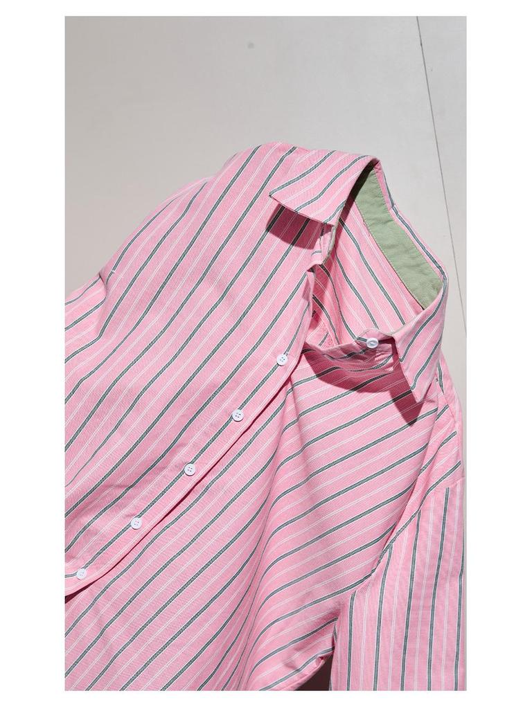 Women's Korean-Style Pink Striped Polo Long-Sleeve Shirt, Loose Fit, Versatile for Early Autumn