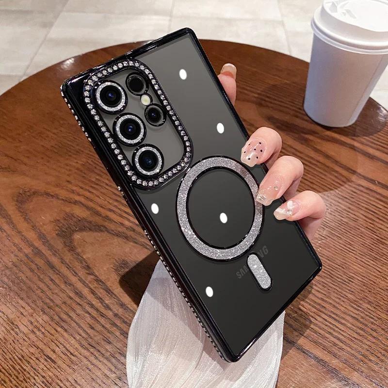 Luxury Sparkly Crystal Clear Case For Samsung Galaxy S24 Plus S23 S22 Ultra Magsafe Magnetic Wireless Charge Lens Film Cover