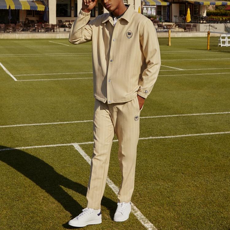 Kith X Wilson Pinstripe Double Knit Coaches Logo Stripe Print Polo Jacket Men Jackets Light-Gray KHM010074-210