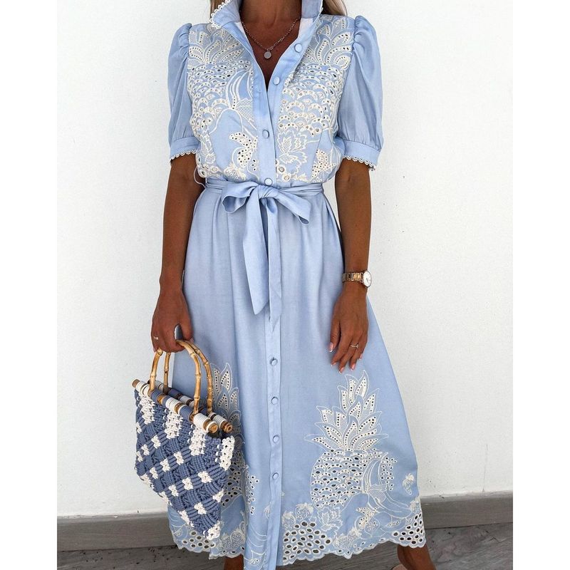 

European and American Women clothes Summer New Hollow Short sleeve Girdle Big Hemline Dress Sky Blue 2XL