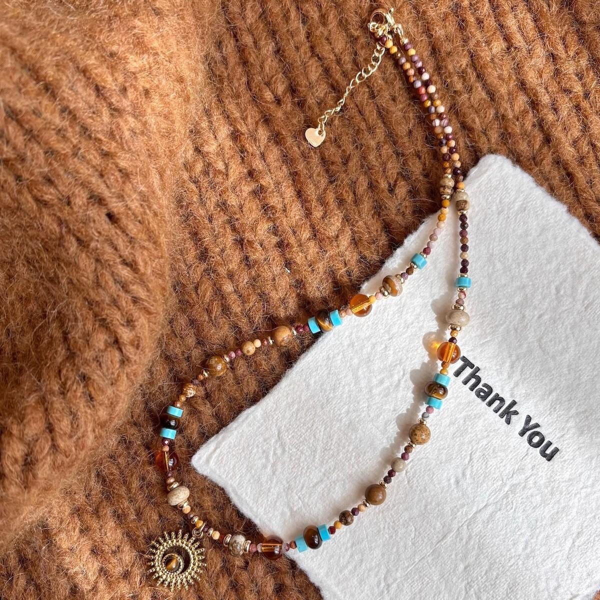 Titanium Steel Natural Stone Rice Beads Sunflower Beaded Necklace New Chinese Retro Collarbone Chain Light Luxury Cold Wind Necklace Decoration Women