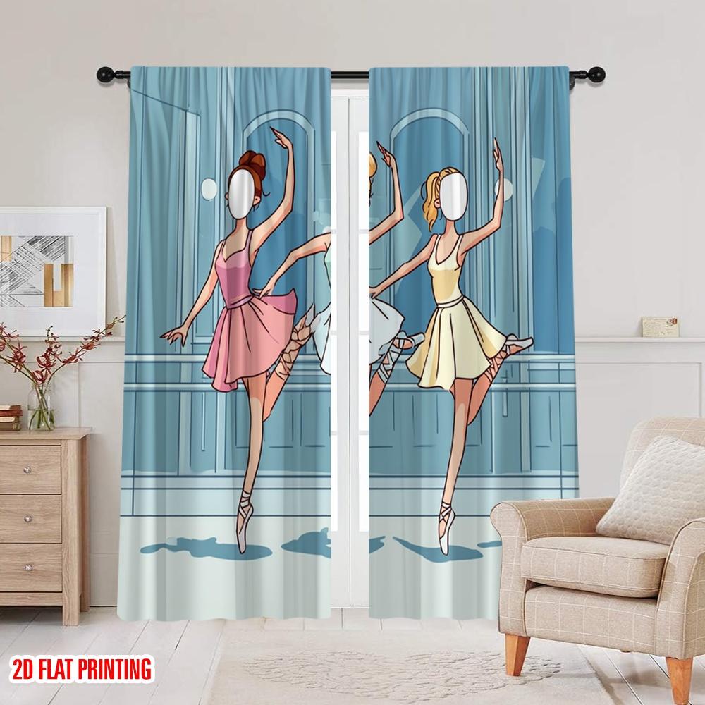 2Pcs,2D Plane Printing Curtains&Window Treatment Female Dance Polyester Easy Install (Without Rod) Room Decor Use For Bedroom,