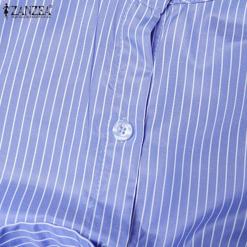 ZANZEA Women Casual O-neck Long Sleeve 3D Ruffles Splice Loose Stripe Blouse
