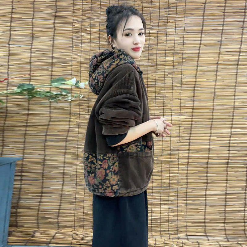 Women's Retro Hooded Corduroy Jacket - 2025 Winter Thick Velvet Cotton, Loose Fit, Plus Size, Body Concealing Casual Wear