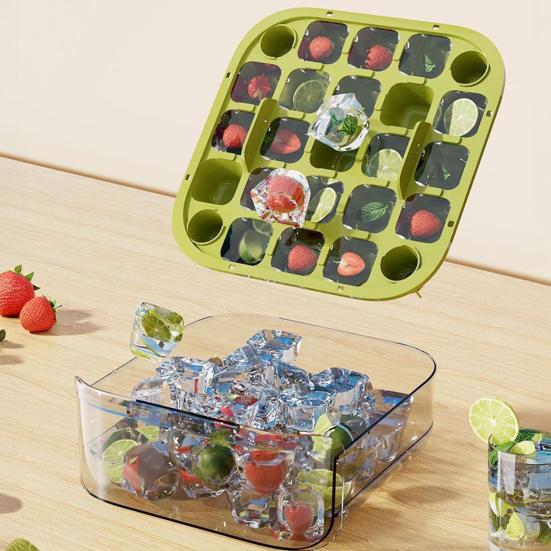 Ice Cube Mold with Lid And Ice Shovel Stackable Double Layer Ice Tray Pull-Out Ice Drawer Ice Cube Maker for Cocktail Whiskey