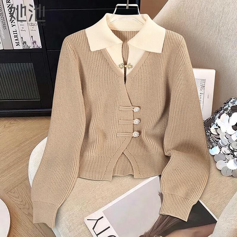 

Women s Color Block Faux Two-Piece Lapel Sweater S