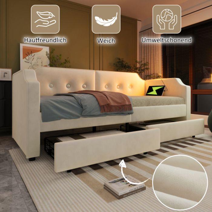 Lit Convertible - MUVOE - 90x200 Cm - Velours Beige - 2 Tiroirs - Liseuse USB-Type-C