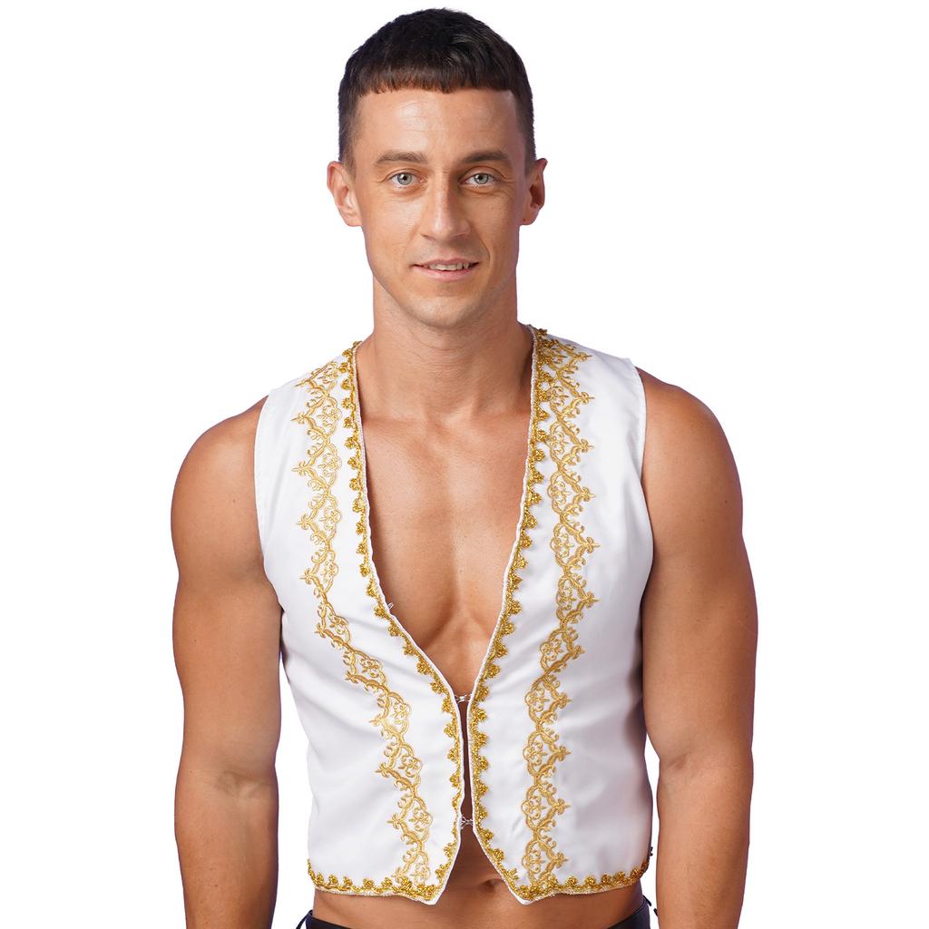 Mens Steampunk Victorian Vest Gold Trims Embroidery Open Front Design Medieval Gothic Waistcoat Arabian Costume