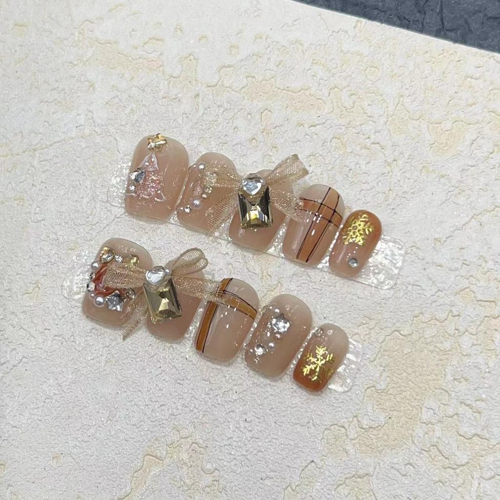 Christmas Nail Art Wear Nail Handmade Light Luxury Style Cute Wish Christmas Tree Ribbon Bow Handmade Manicure