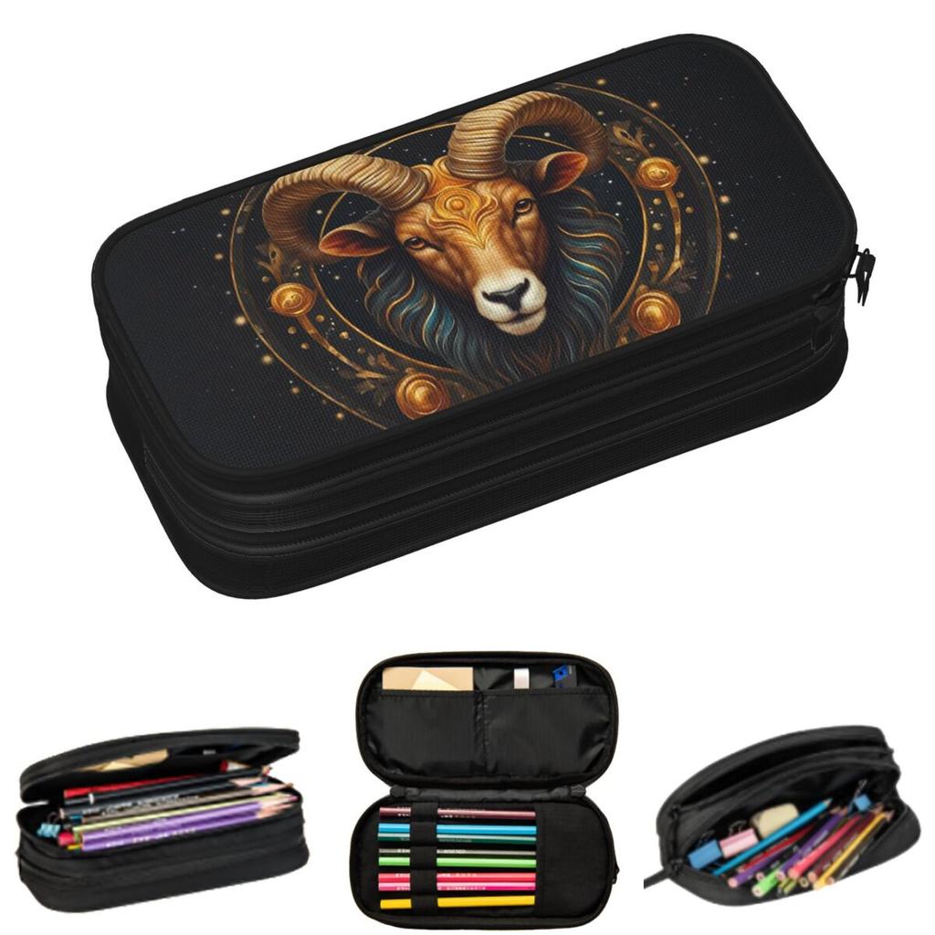 Aries Zodiac Celestial Goat And Ram Horns Print Pencil Cases for Student School Pen Box Pencil Bag Large Storage Pencil Pouch