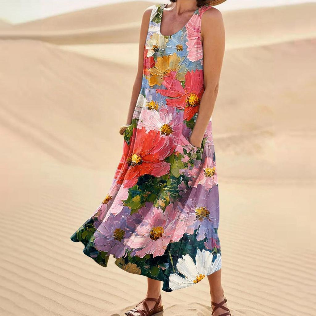 Women's Casual Fashion Flower Printed Sleeveless Pocket Dress