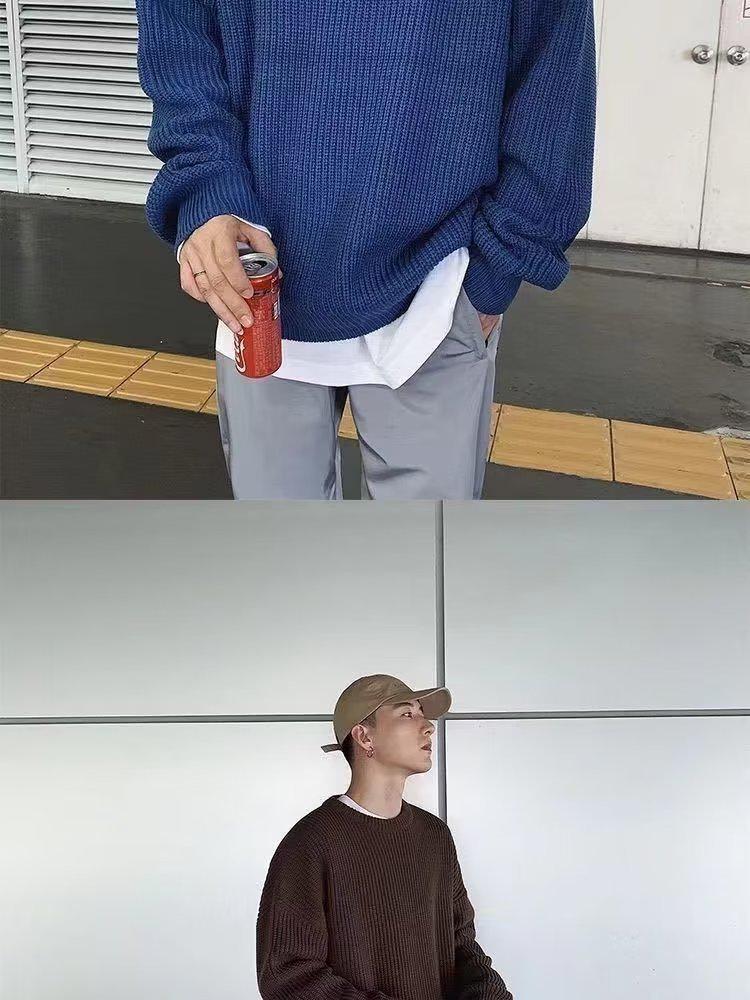 Men's Retro Korean Style Loose Knit Sweater - Solid Color, Round Neck, Autumn/Winter Trend.