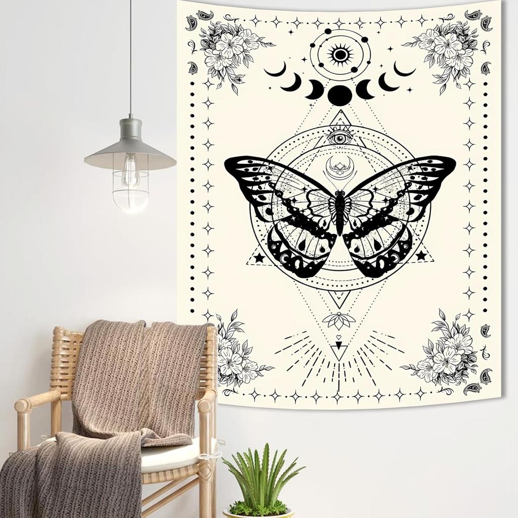 Avinyl Black and White Butterfly Tapestry for Bedroom, Vintage Flower Large Moon Tapestries Wall Hanging, Cute Tarot Poster for