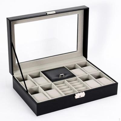Uhrenbox, Vitrine, Reise-Schmuckschatulle mit Glasdeckel, Aufbewahrung aus PU-Leder