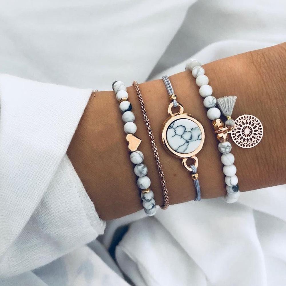 Trendy European Turquoise Tassel Stone Bracelet Set - Stylish Four-Piece Set for Women