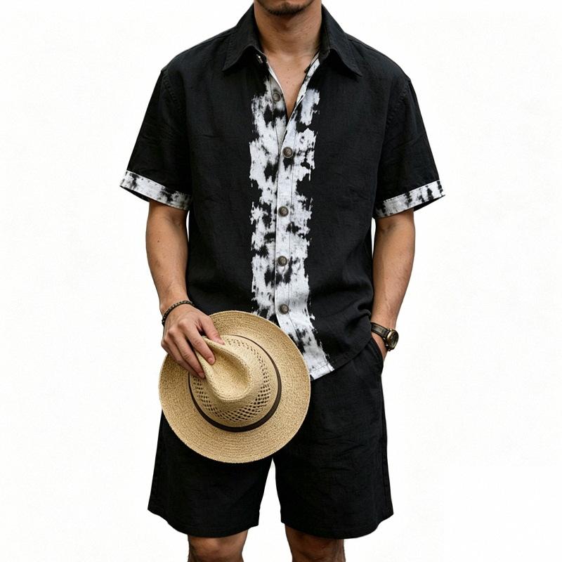 Men Brushstroke Print Lapel Short Sleeve Shirt & Drawstring Waist Shorts Two Piece Set