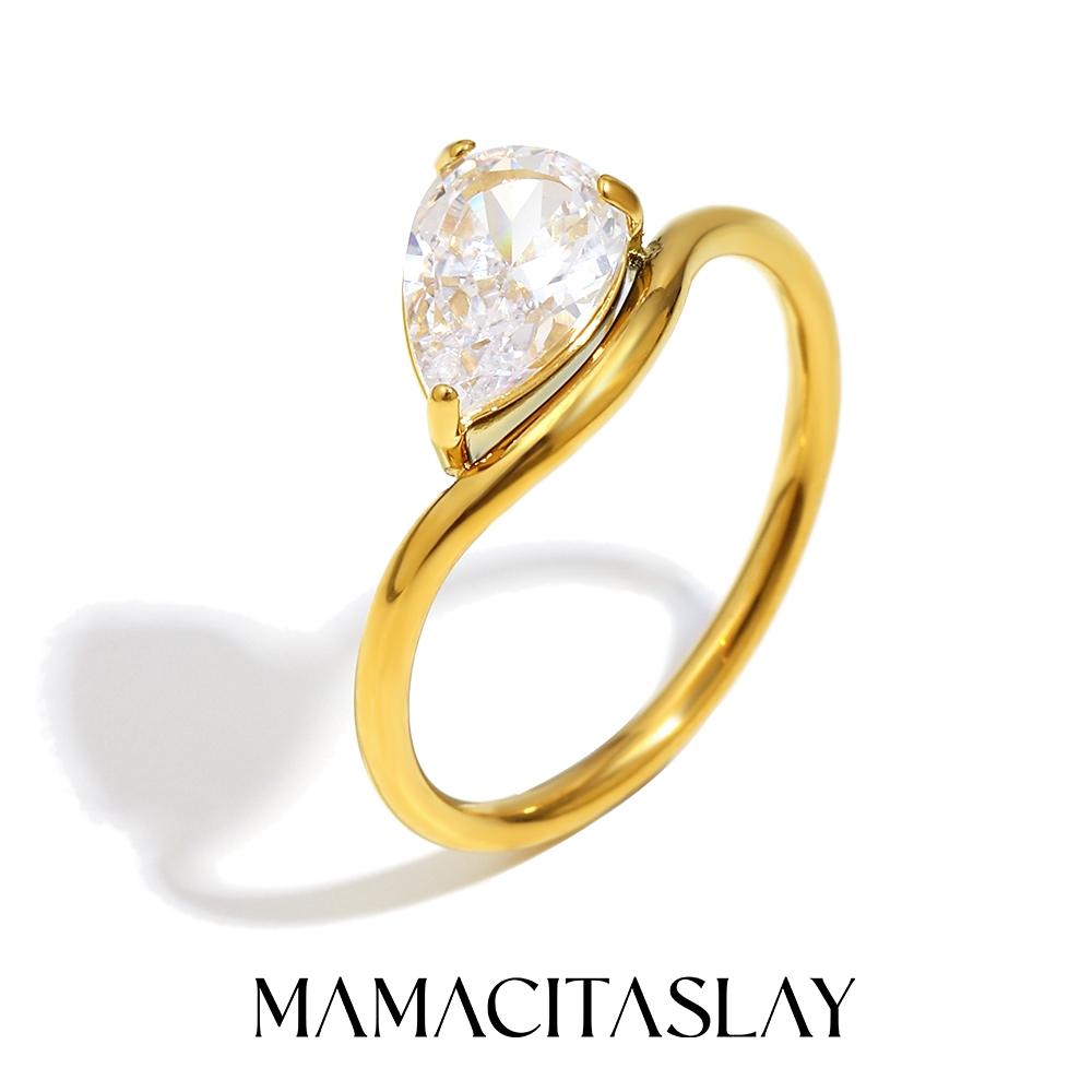

MamacitaSlay 316L Stainless Steel Water Drop Circular Triangle Zircon Wave Ring 18K Gold Plated Waterproof Jewelry For Women 6
