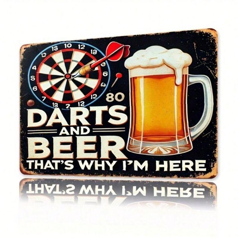 Metal Wall Art Retro Darts and Beer Design for Bar Pub 8x12 Inch