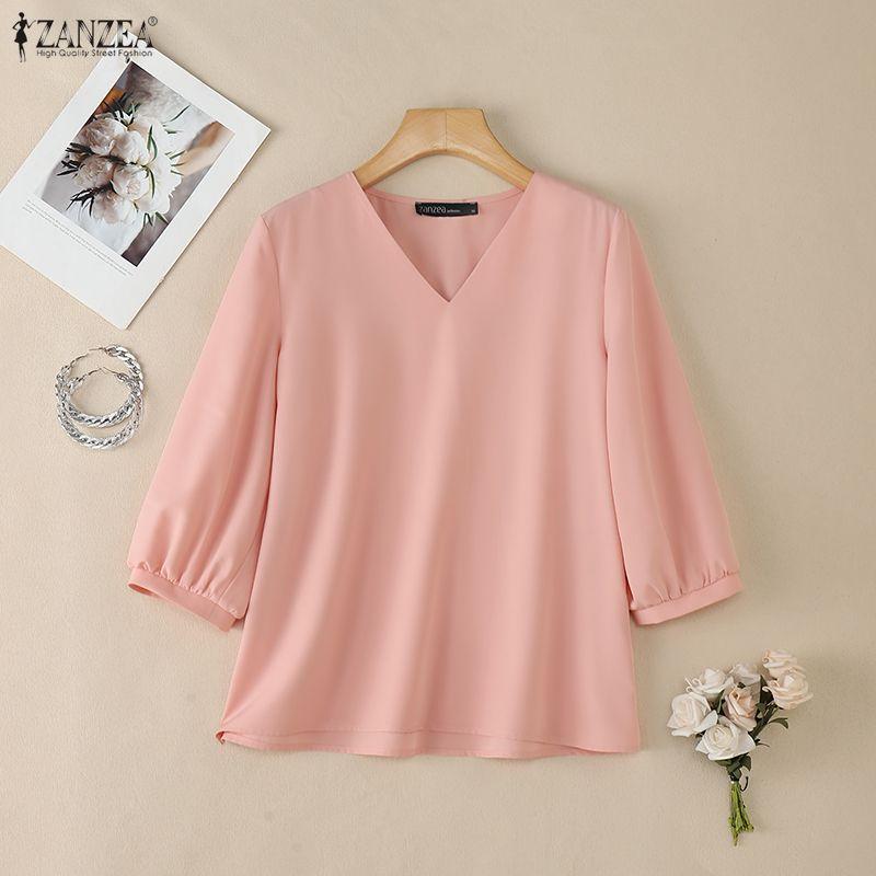 ZANZEA Women Casual V-Neck Solid Color 3/4 Sleeve Blouse