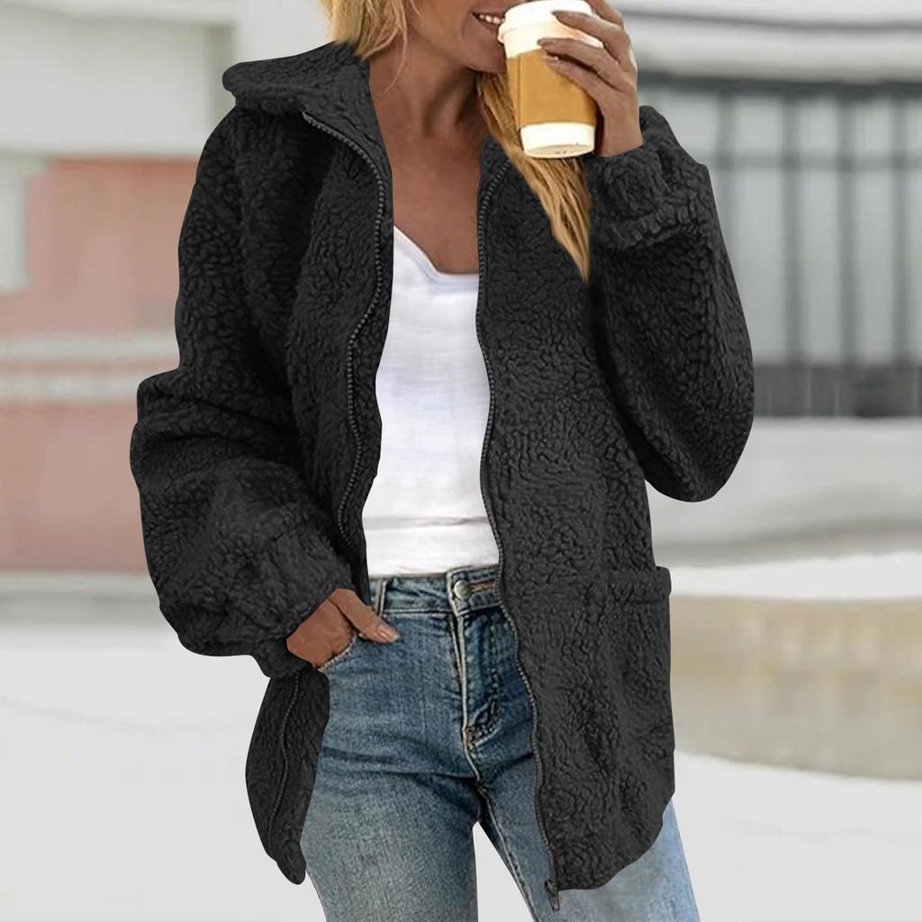 Womens Fleece Jacket Zip Up Jackets Lightweight Plush Coat Casual Outerwear Shaggy Fall Winter Coats