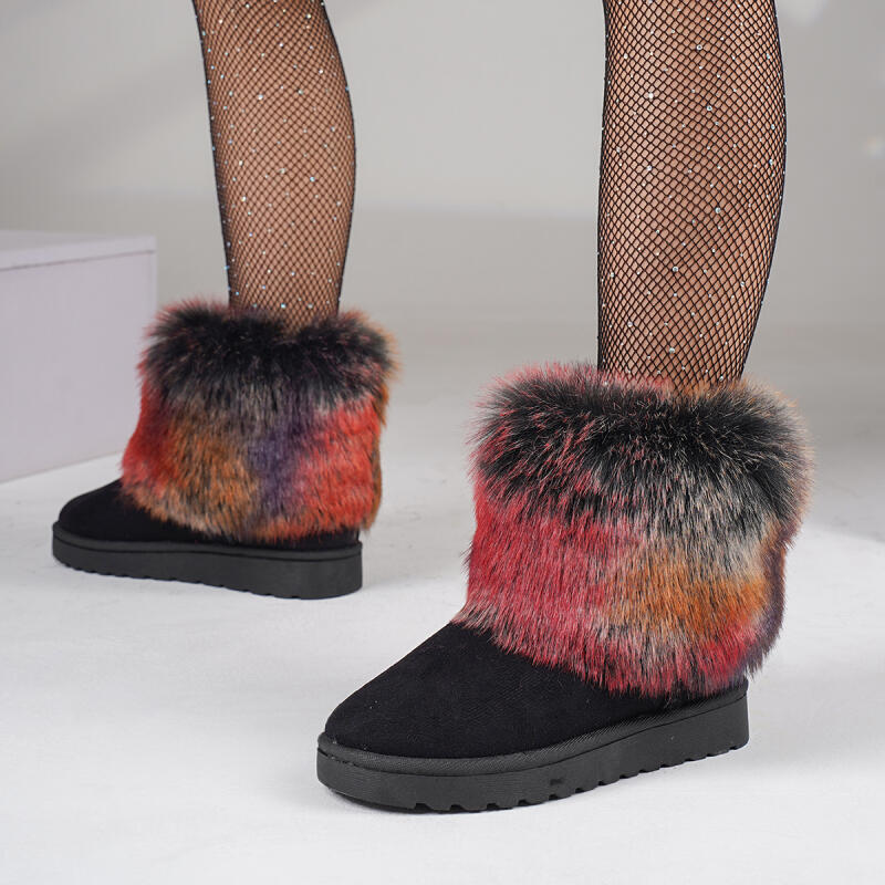 Mode Luxus Mix Farbe Flauschiges Fell Schneestiefel Damen 2025 Winter Schwarze Fellige Stiefeletten mit Plateau Markendesign Kunstfellschuhe 41
