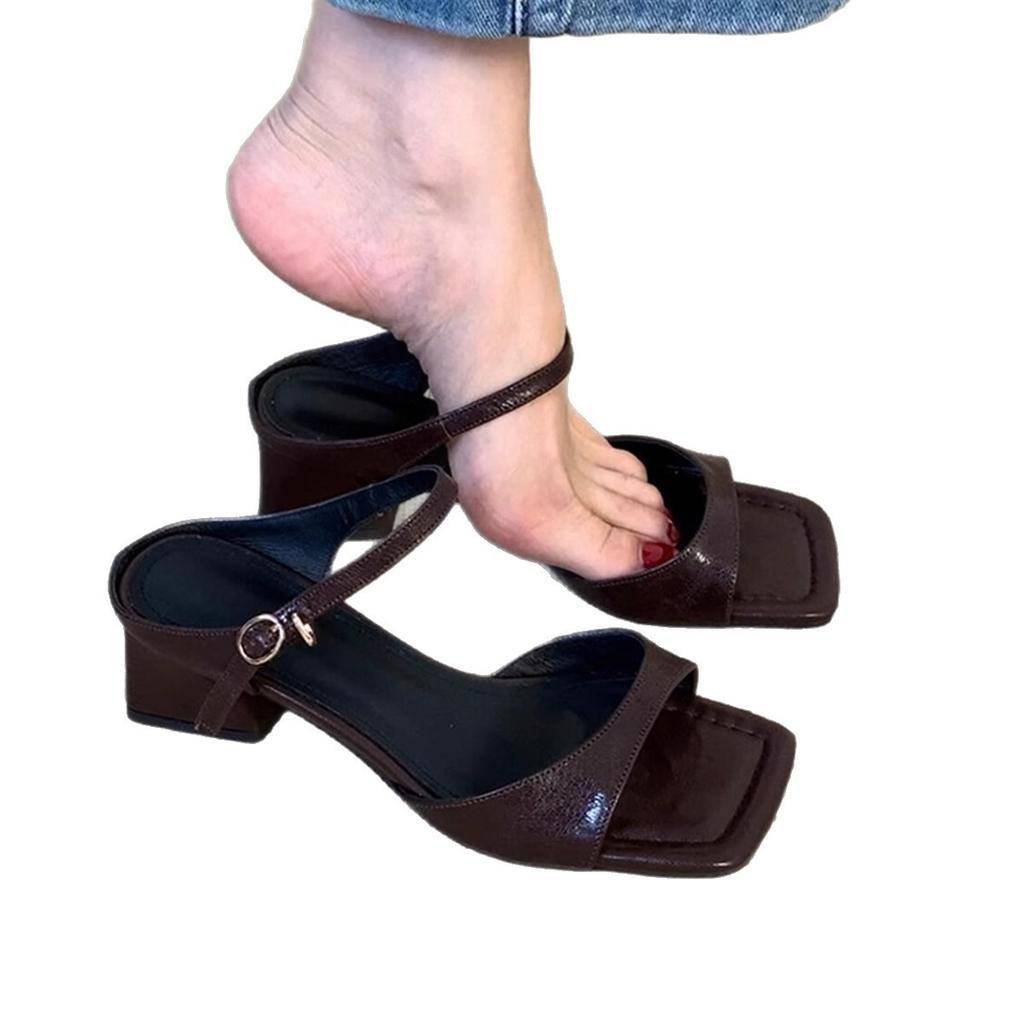 Sheepskin version~ Simple temperament thick heel square head sandals women's retro versatile skirt elegant fashion commuter sandals