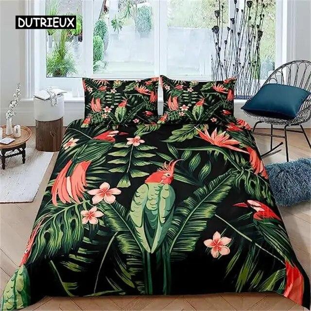 Palm Leaves Duvet Cover Banana Leaves Duvet Cover Hawaiian Tropical Leaves Bedding Set Green Leaves Branches Quilt Cover Women  Three-piece Set