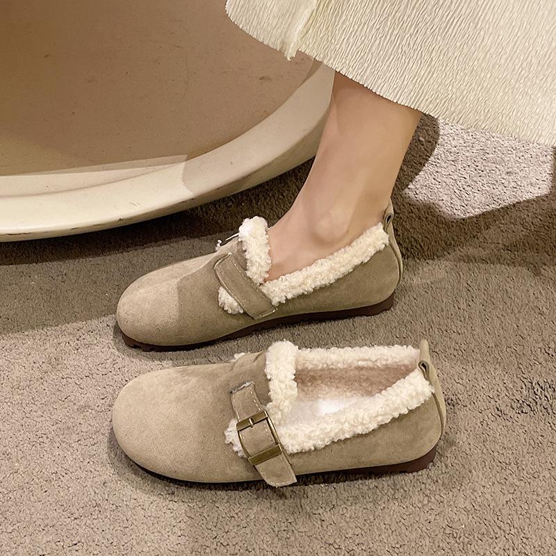 

Retro velvet warm low-top loafers 2024 autumn and winter explosion casual lazy one pedal fluffy cotton shoes women 43 хаки