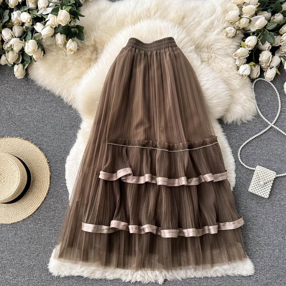 Spring Super Mesh Skirt Women's Medium Length Pleated Cake Skirt Elastic High Waist A-Shaped Large Swing Skirt Umbrella Skirt