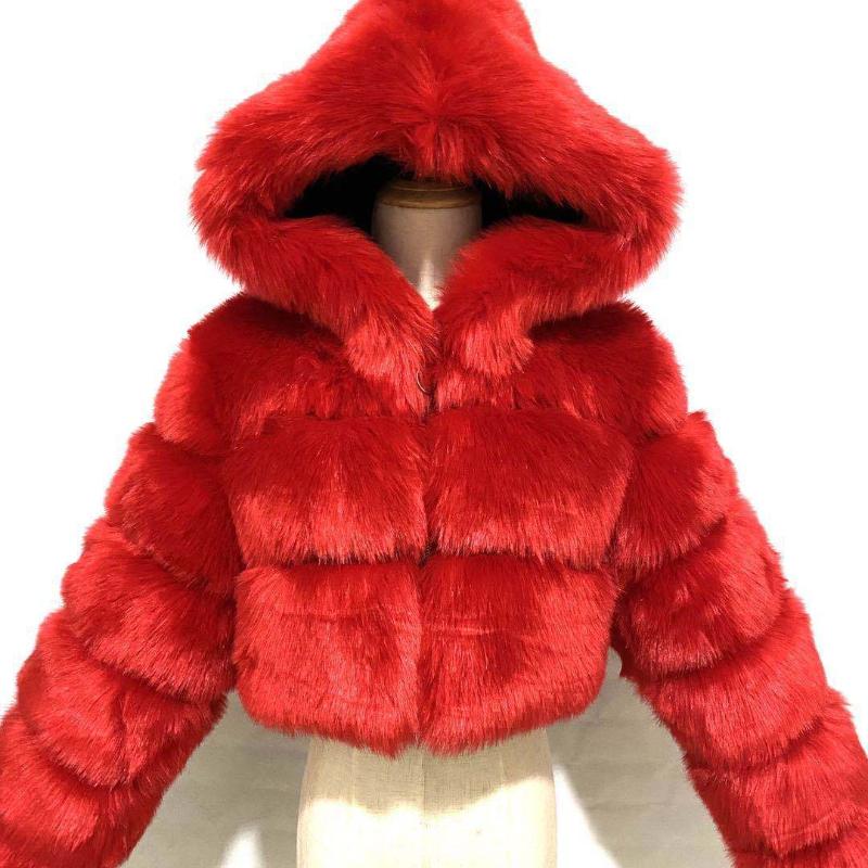 

Жіночі високоякісні пухнасті шуби та куртки зі штучного хутра Жіночі пухнасті топи та зимові хутряні куртки з капюшоном S червоний