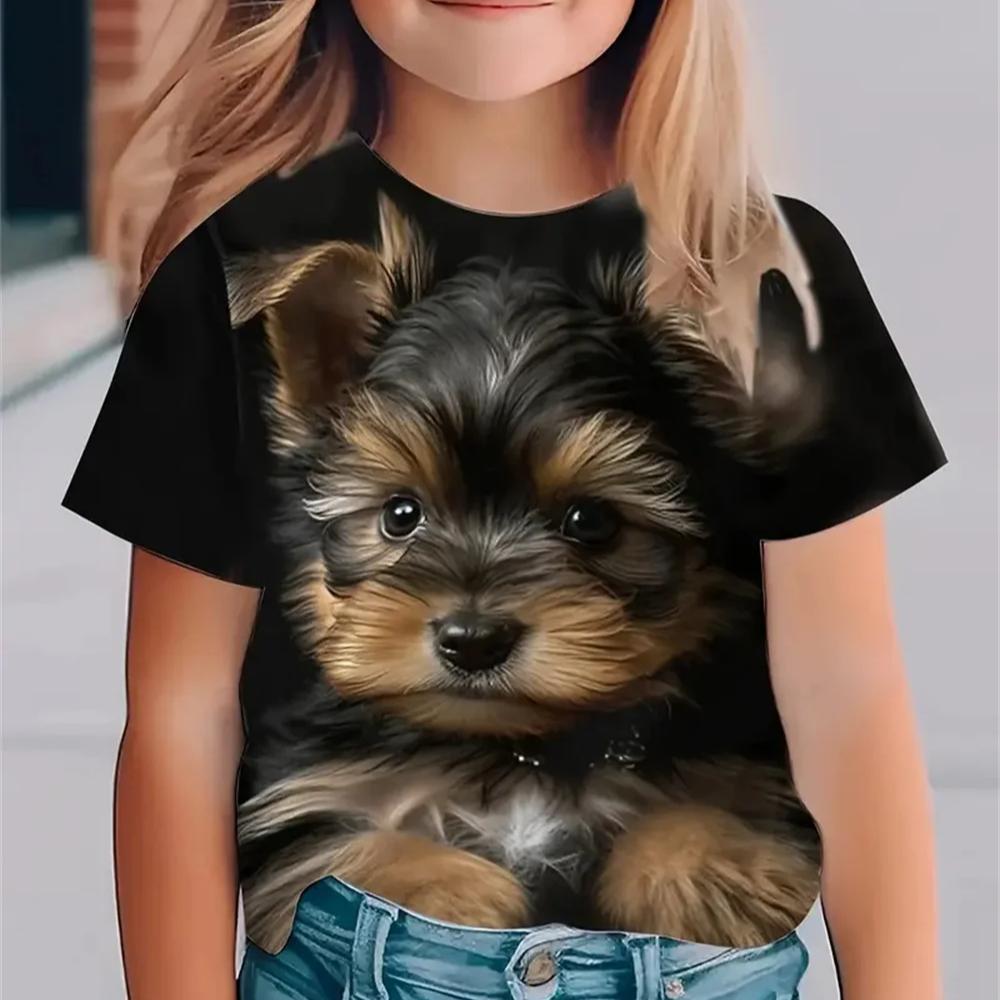 

Новые забавные футболки с изображением животных и собак для девочек, праздничные футболки с короткими рукавами, повседневные футболки 120