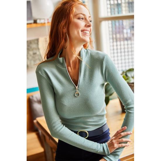 Dame Ecru rullekraveglidelås lycra bluse