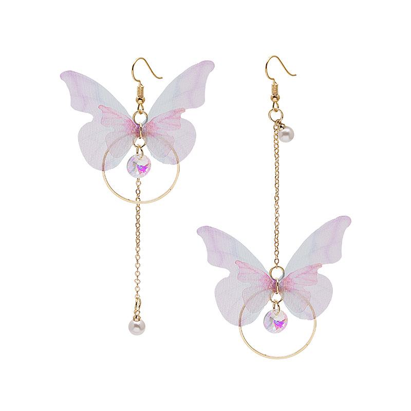 Super Fairy Asymmetrical Butterfly Earrings Long Circle Fringed Pearl Zircon Pendant Earrings