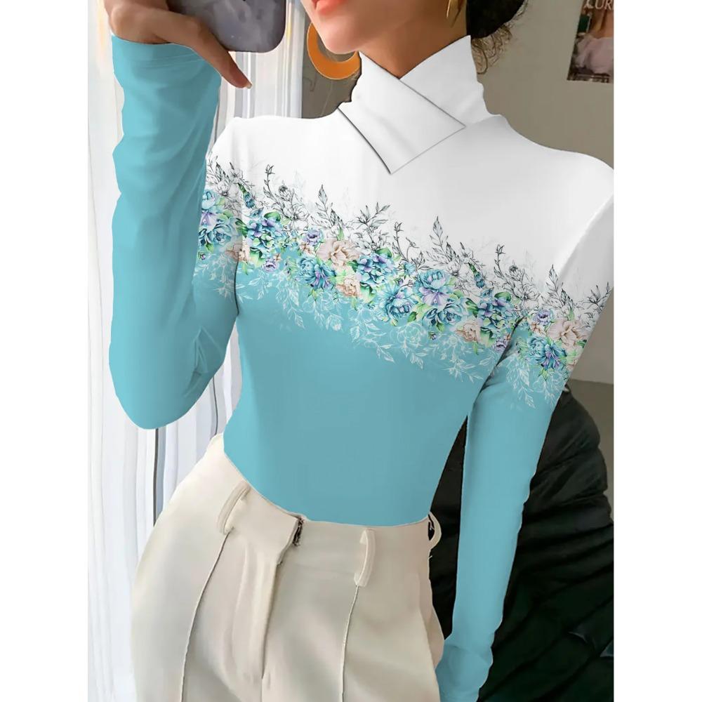 Women's Cheongsam Collar Long-sleeved T-shirt with Blue and White Gradual Change Base Color and Floral Positioning Pattern Print