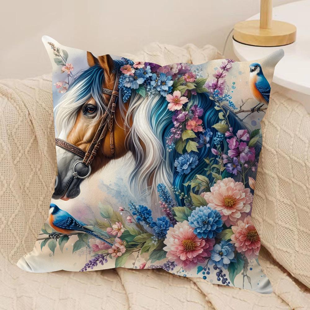 Watercolor Horse Floral Cushion Cover Soft Plush Fabric DoubleSided Printed Cushion Covers for All Seasons Modern Home Decor