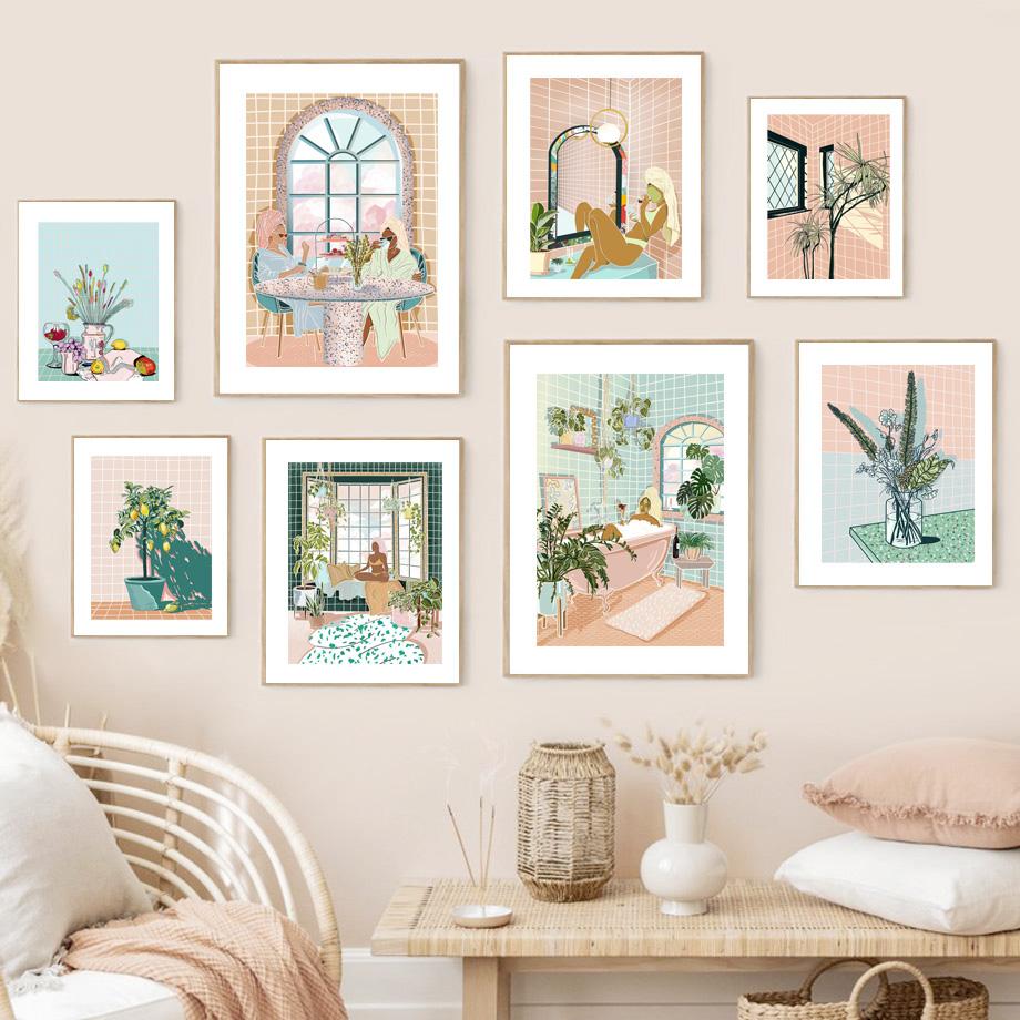 Tub Woman Bubble Bath Lady Tea Party Abstract Art Canvas Painting Nordic Posters And Prints Wall Pictures For Living Room Decor No Frame