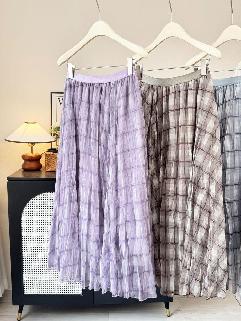 Design-Forward Plaid Mesh Midi Skirt: 2026 Spring/Summer Women's Wrinkled Drape Resort Skirt
