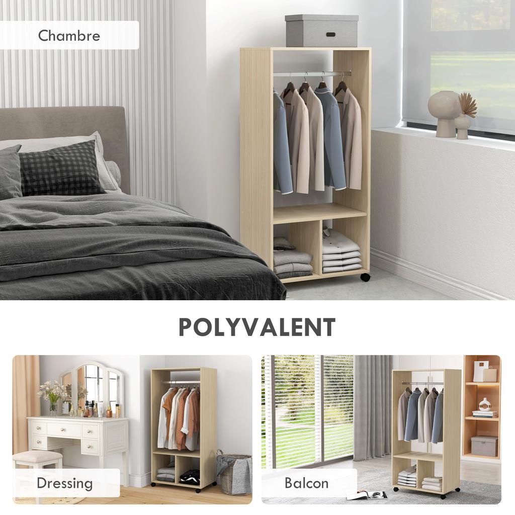 Wardrobe Closet Shelf 2 Compartments Wardrobe 4 Swivel Casters dim. 60L x 40W x 128H cm Natural Wood