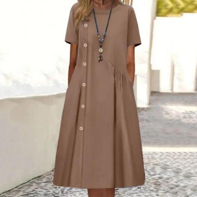 Casual Midi Dress for Women Beautiful Beach Dress Pleated O Neck Lady Clothes