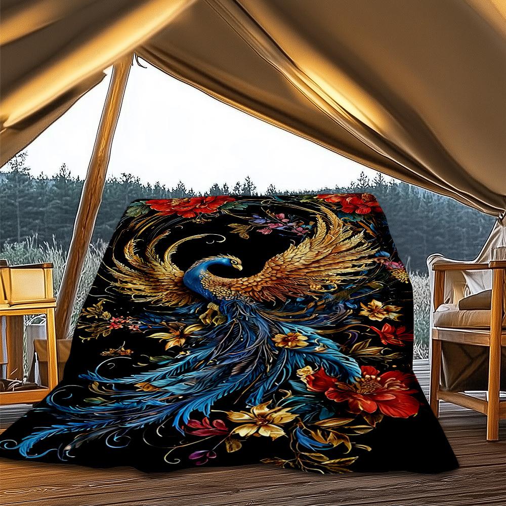 1pc Phoenix Feather Print Outdoor Blanket, Lightweight Polyester,