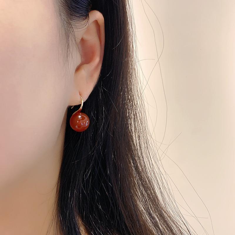 Women Red Agate Hook Earrings Simple Fashion Retro Jewelry
