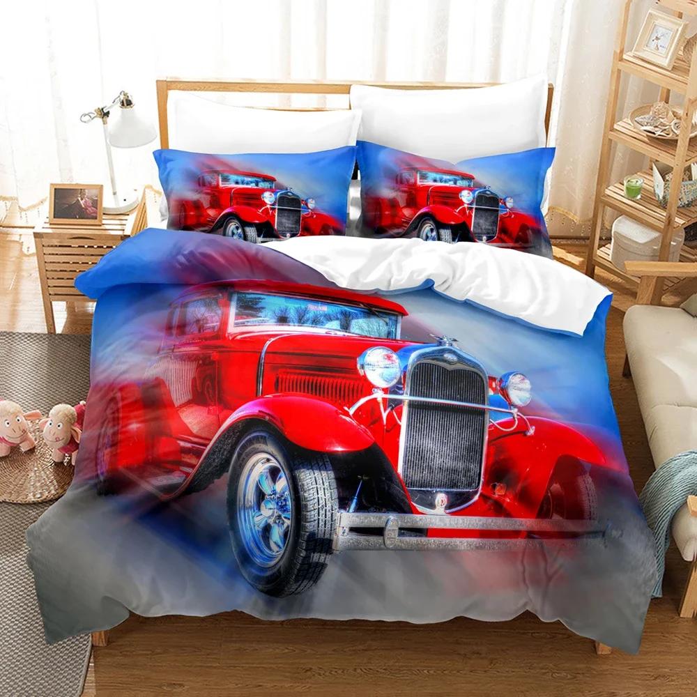 3D Vintage Car Including Duvet Cover Set With Pillowcases Microfiber 2/3Pcs Cool Sports Car Bed Comforter Set For King Bedding