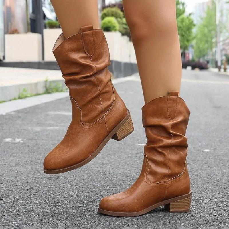 

Модные осенние туфли на платформе для женщин, новые женские сапоги с острым носком и толстым каблуком, женские сапоги до середины голени, повседневные женские сапоги для верховой езды 41 коричневый