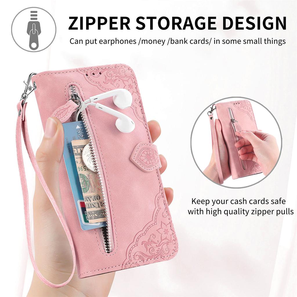 For Xiaomi Redmi Note 13 4G Zipper Wallet Case with Strap Flower Imprint PU Leather Phone Cover