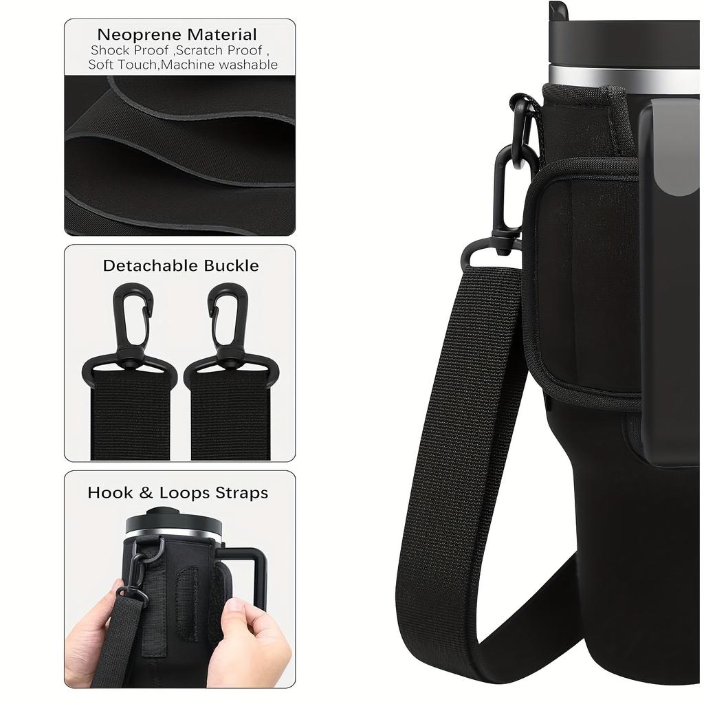 Neoprene Tumbler Carrier for 40/30 Oz, Water Pouch, Adjustable Strap & Safety Buckle. Black, Ideal for Hiking, Travel & Camping.