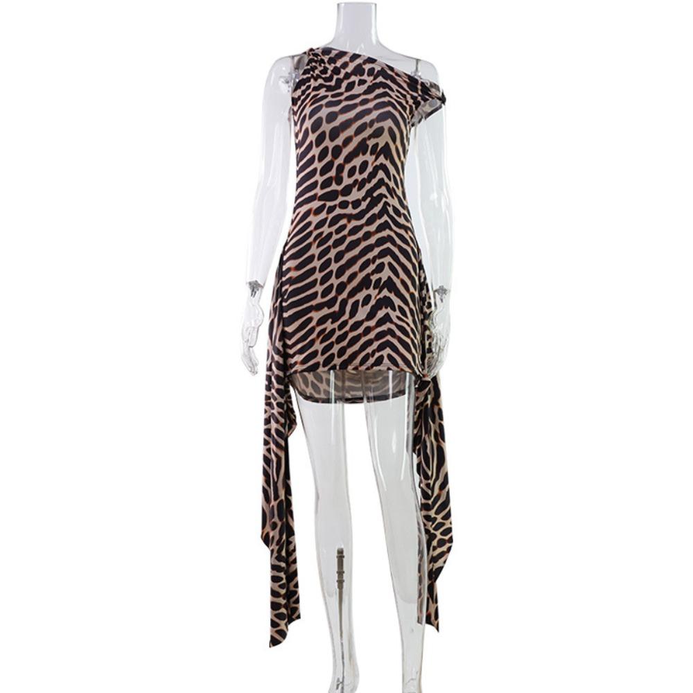 Women's Off Shoulder Sleeveless Mini Dress Bodycon High Waist Leopard Print Side Drape Sexy Club Dress