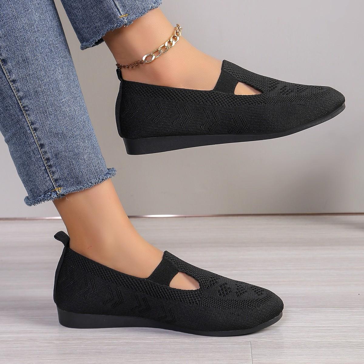 Женские туфли-лодочки весна-осень с круглым носком на плоской подошве, вязаные, повседневные 36 чёрный