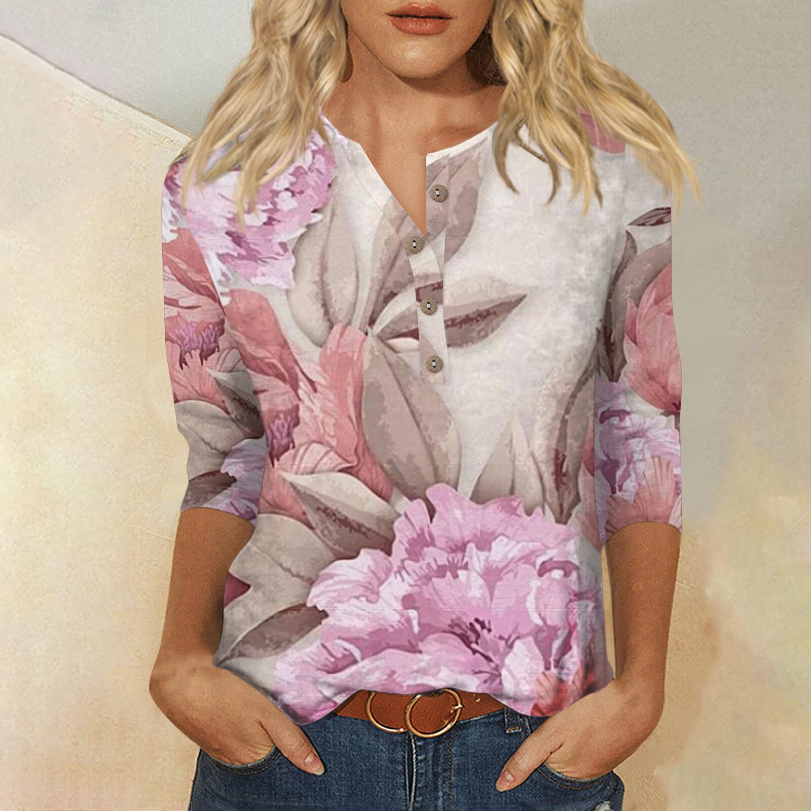 

Жіночі топи з горловиною на ґудзиках Жіночі блузки Жіночі повсякденні топи з V-подібним вирізом з рукавом 3/4 Модні сорочки з принтом Топи-футболки Пуловери M рожевий