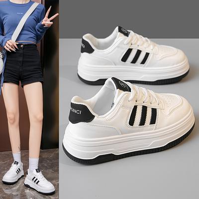 Leather Thick Baseplate Shoes Women's Spring New Round Head Lace-up Comfortable Versatile Student Leisure Sports White Shoes